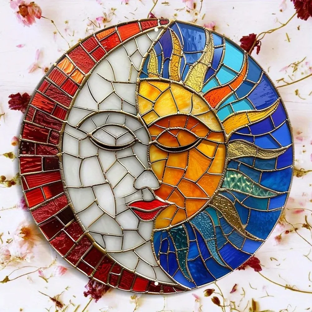 Runde Aluminium-Wandkunst mit Sonnen- und Mondgesicht, UV- und kratzfest, leicht zu hängende, Außen- und Innendekoration, 20,3 x 20,3 cm, 1 Stück