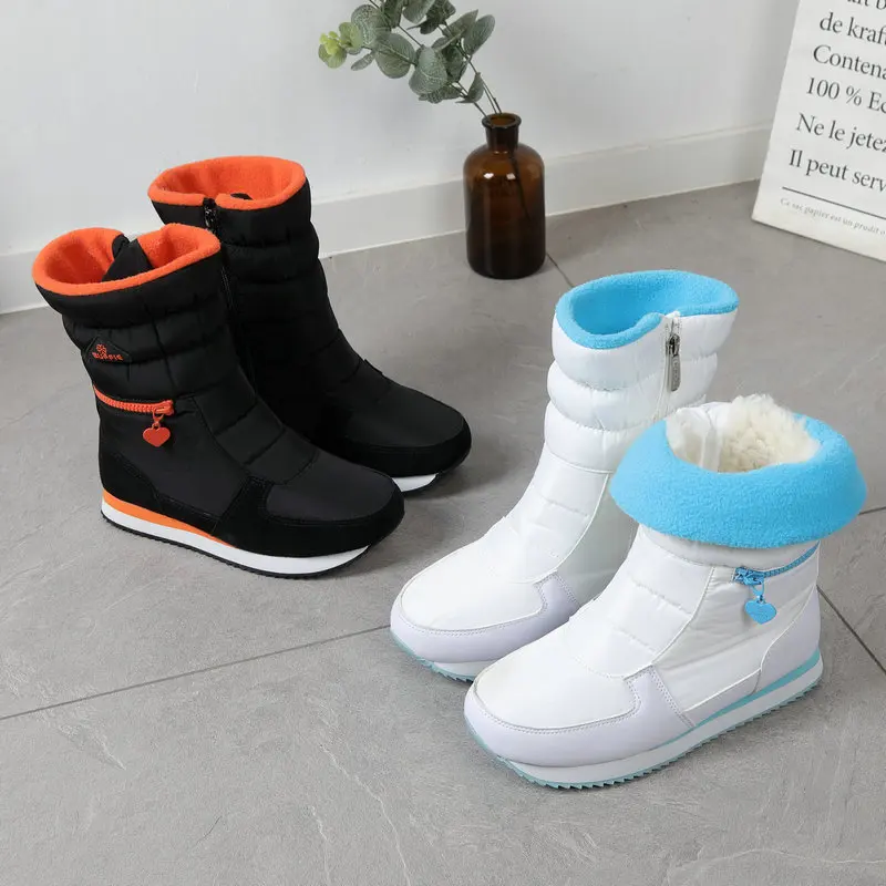 Long Women Snow Boots with Fashion Zipper Comfortable Warm Fur Winter Female Cotton Shoes Waterproof Non-slip Ladies Flat Boot