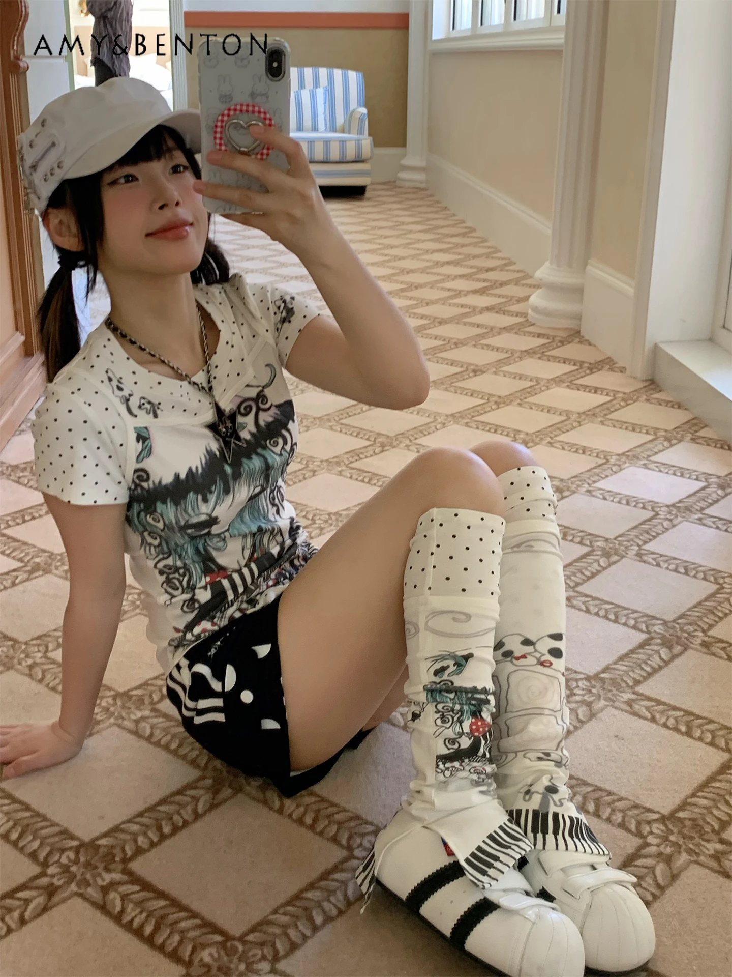 Two-dimensional Anime Girl Polka Dot Printing Splicing Color Leg Warmer Summer Gothic Knee Socks Subculture Y2K Legwarmers Women