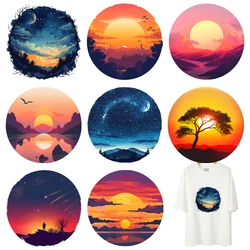 24cm circular sky & cloud sunset heat transfer printing ironing decal DTF vinyl clothing patch for clothes pillow decoration DIY