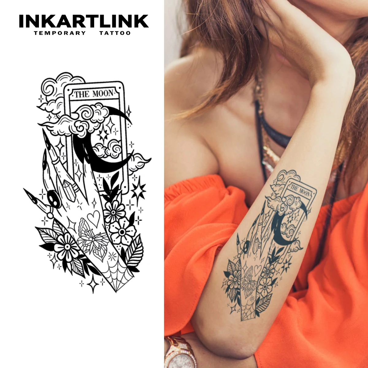 INKARTLINK Celestial Moon Tarot Waterproof Temp Tattoo Sticker for Music Festivals, Spiritual Gifts & Daily Look.
