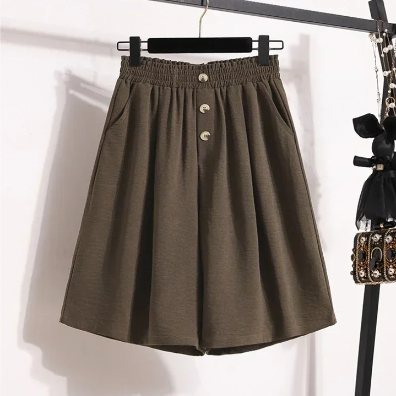 2025 Summer Thin Style A-Line Oversized Wide Leg Five Quarter Pants Women's Solid Color Casual High Waist Big Size Short Pants