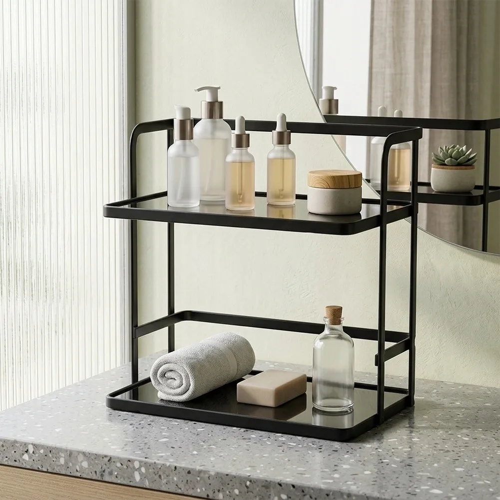 2-Tier Iron Countertop Shelf for Bathroom Kitchen Vanity Storage Supporting Multiple Item Categories Without Visual Overload