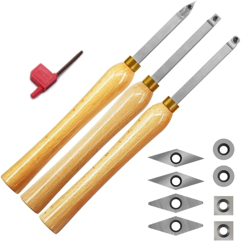 

Mini Carbide Tipped Wood Lathe Turning tools Combo set Rougher Detailer Finisher with Wood Handle and Diamond Round Square