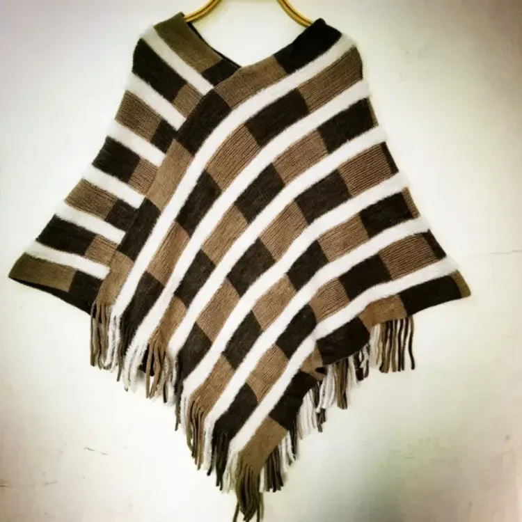 Herbst Winter Quaste Schal Warme Streifen Muster Warme Poncho Dame Capes Schwarz Mäntel
