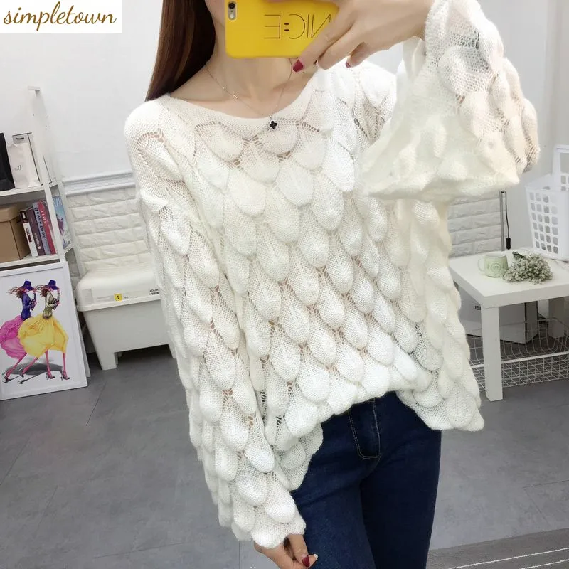 2024 Spring/Summer Korean Version Hollowed Out Knit Sweater Thin One Line Neck Sweater Women's Loose Oversized Top