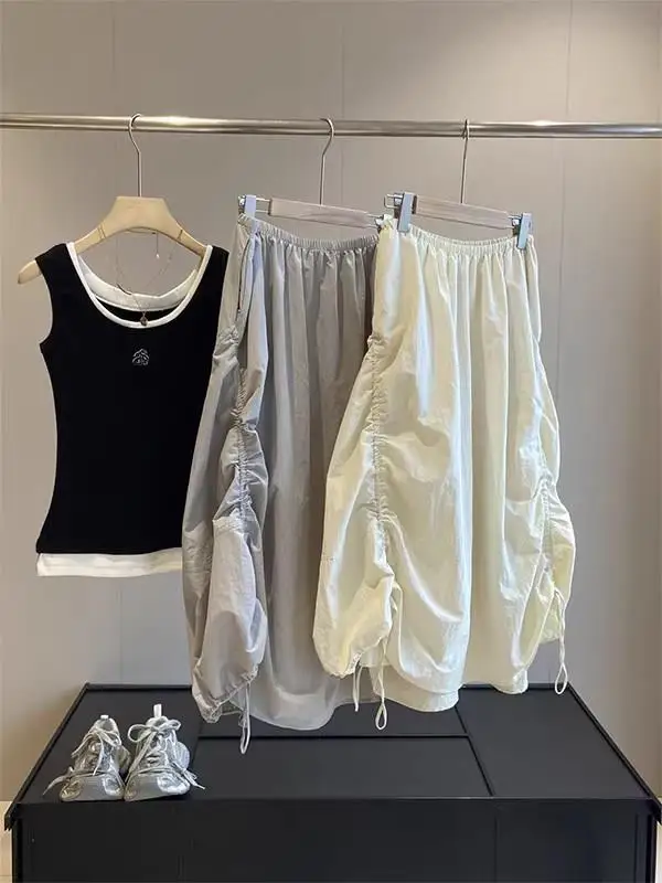 plus Size 300 Pounds Fat Sister Drawstring Pleated Workwear  Skirt Women Summer Mid-Length A-Line Sport Bloomer Skirt