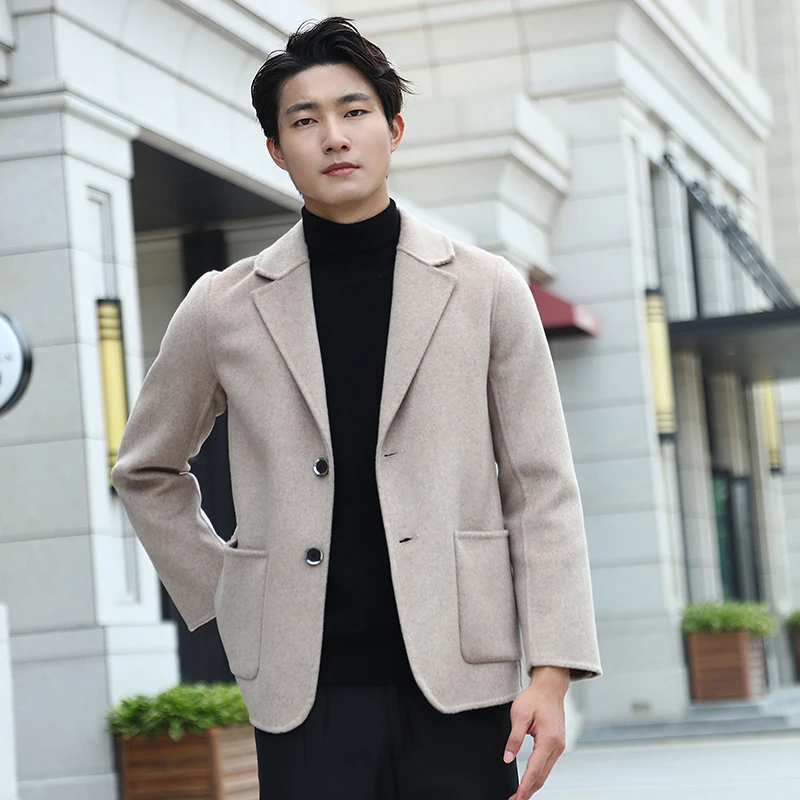 MVLYFLRT Men\'s Solid Color Tailored Collar Clothing 100% Pure Wool Handmade Short Coat, Korean Version Slim Fitting Coat Jacket