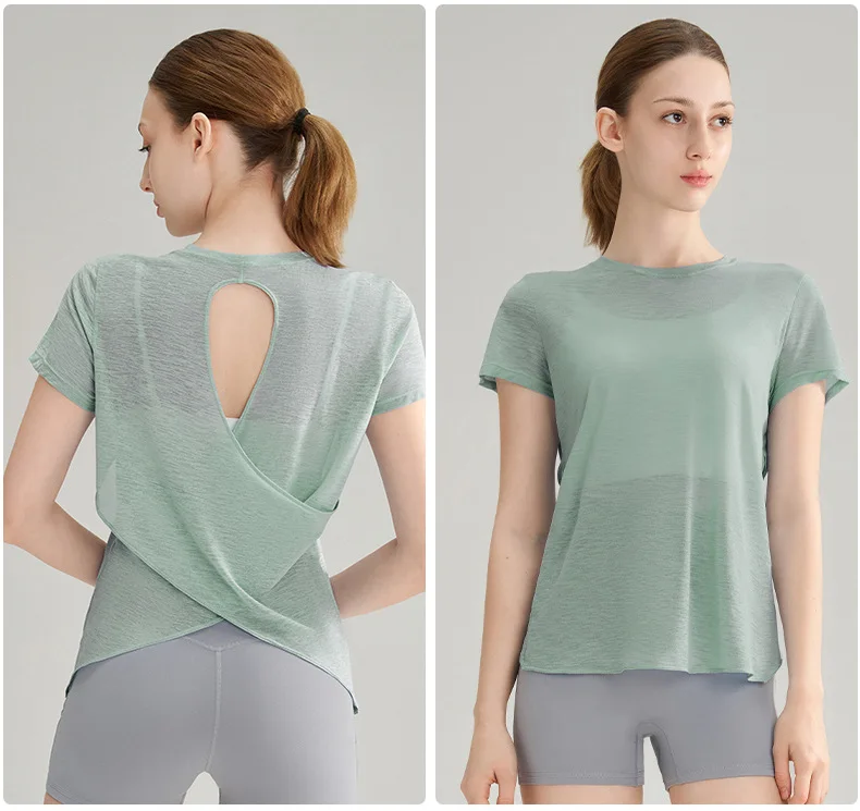 Bambusgarn-Sport-T-Shirt mit schönem Rückendesign, Yoga-Kleidung, Oberteil, schnell trocknendes Fitness-Shirt mit kurzen Ärmeln – Detail 14