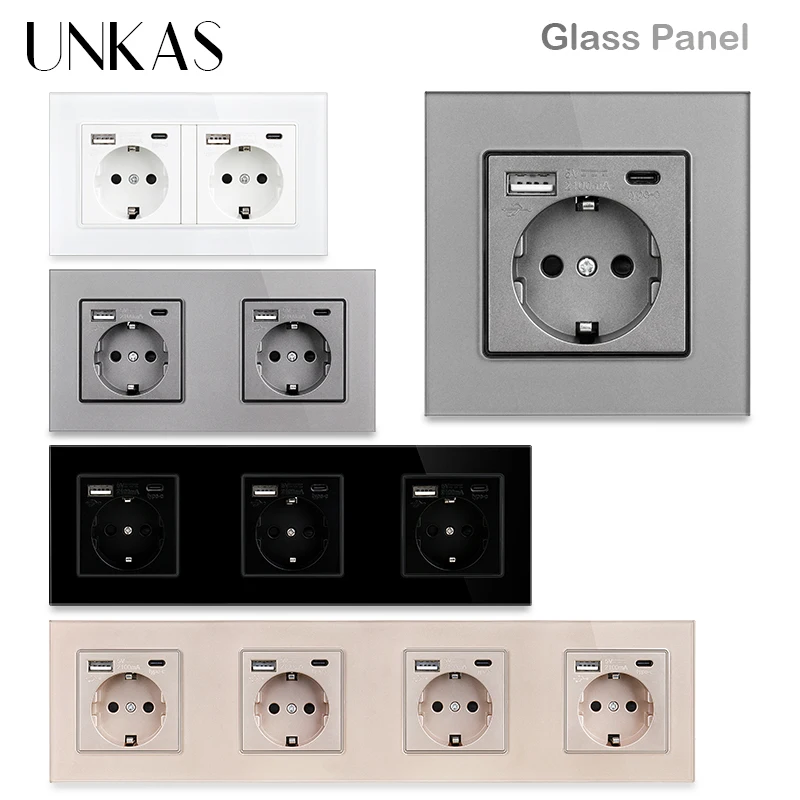 UNKAS White Type-C EU Socket Black 16A USB Port Gray 258mm 344mm Grey Glass Panel Gold Outlet Available For iPhone And Android