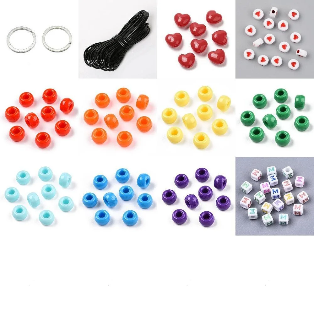 DIY Acrylic Beads Iron Split Key Rings Keychain Making Kits Mixed Color 6~25x1~9x1~6mm Hole: 1.5~3.8mm