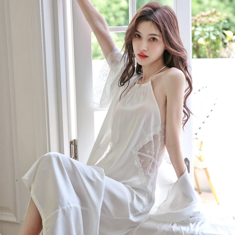 Sexy Full Slip Lace White Silk Pajamas Set Women Backless Bride Wedding Robe Nightgown Sleepwear Kimono Bathrobe Lingerie