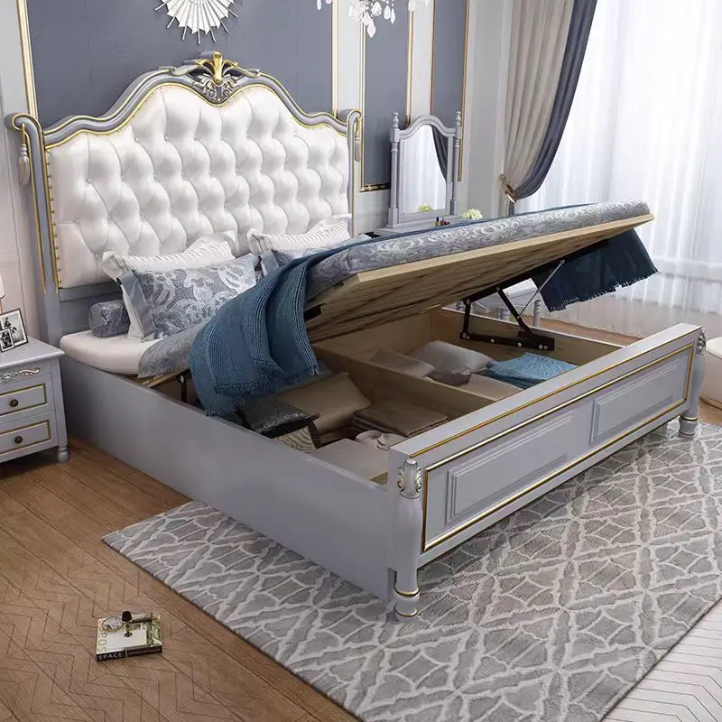 @#European Design Luxury King Bedroom Furniture Sets Royal King Size Bed for Villa Hotel Solid Wooden Bed With Soft Bag - view 3
