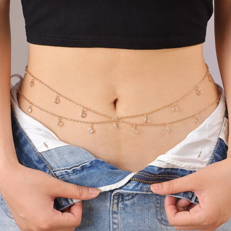

Женская цепочка для тела с кристаллами, Золотая двухслойная поясная цепочка со стразами и подвеской, элегантная цепочка на живот для пляжных модных ремней