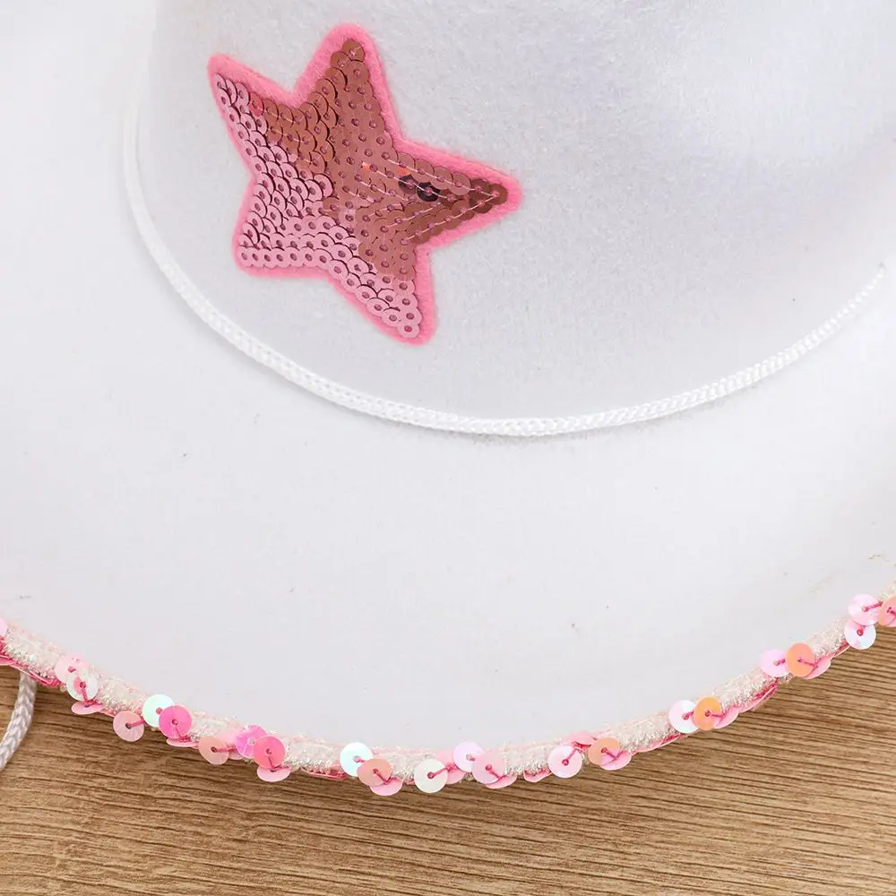 Unisex Play Dress-Up Neck Draw String Adjustable Cowboy Hat White Cowgirl Hat Cow Girl Hat Pink Star