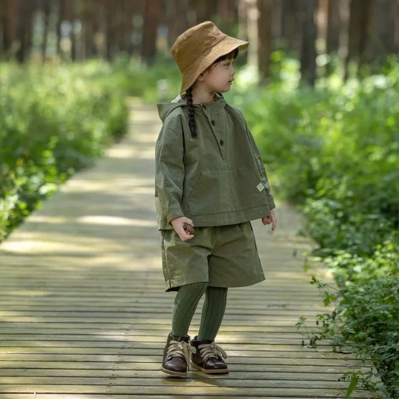 

Children Set 2023 Spring Autumn New Fashionable Hooded Cargo Set for Boys and Girls Solid Color Casual Simple Cool Two Piece Set