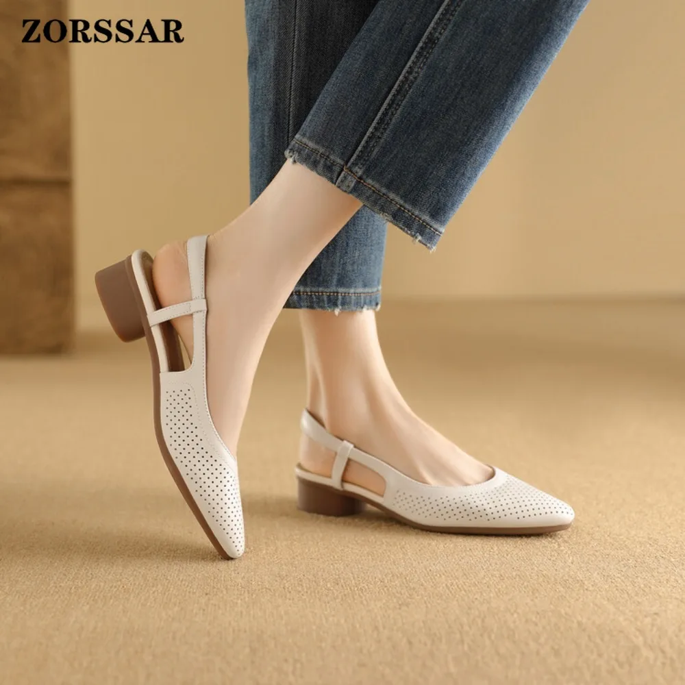 Women's Perforated Slingback Block Heel Sandals Pointed Toe Low Heel Open Back Shoe Breathable Casual Summer Footwear for Ladies