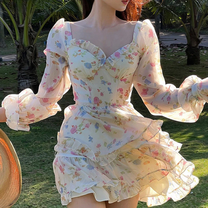 Sweet Elegant Party Mini Dress Women 2022 Summer Beach Long Sleeve Fairy Dress Female Y2k Korean Fashion Floral Lolita Dresses