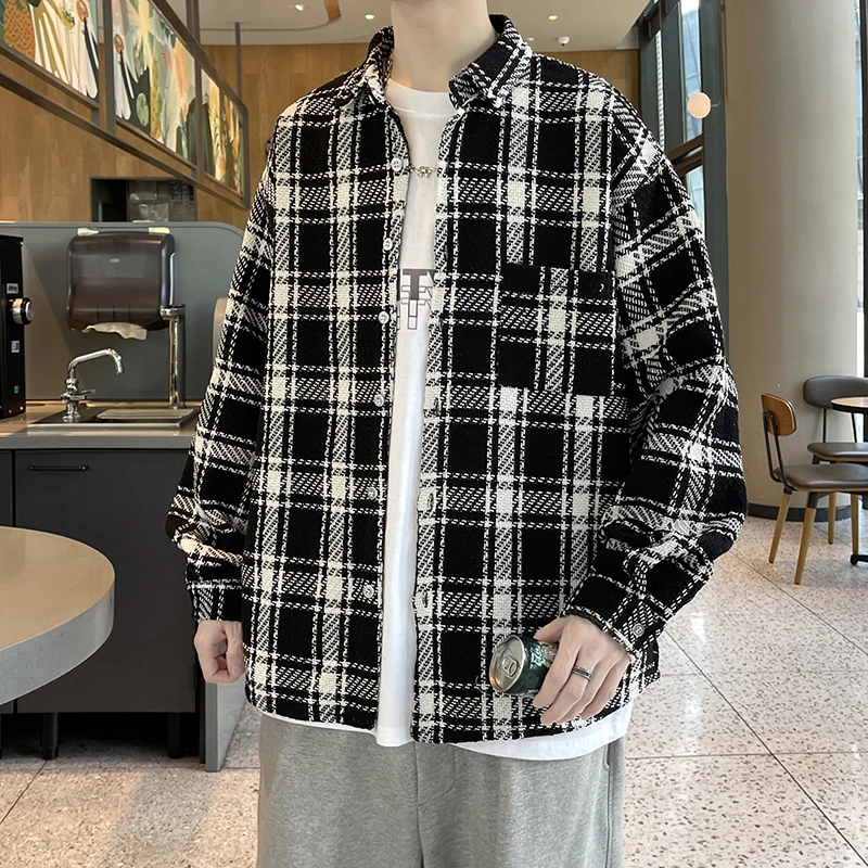 Plus Size Long Sleeved Thicken Woolen Shirts for Men Hip Hop Loose Men's Plaid Shirt Jackets Spring Autumn Trendy Mens Clothing