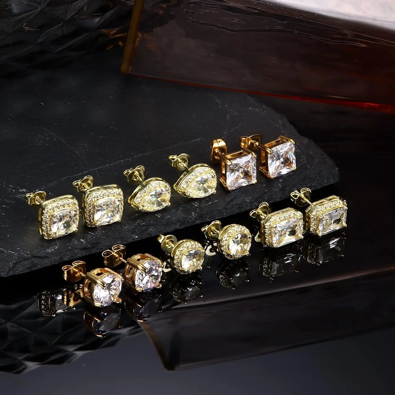 6 Pairs Stainless Steel Cubic Zirconia Stud Earrings for Women & Men 18K White Gold Plated Round Square Halo Earrings Set