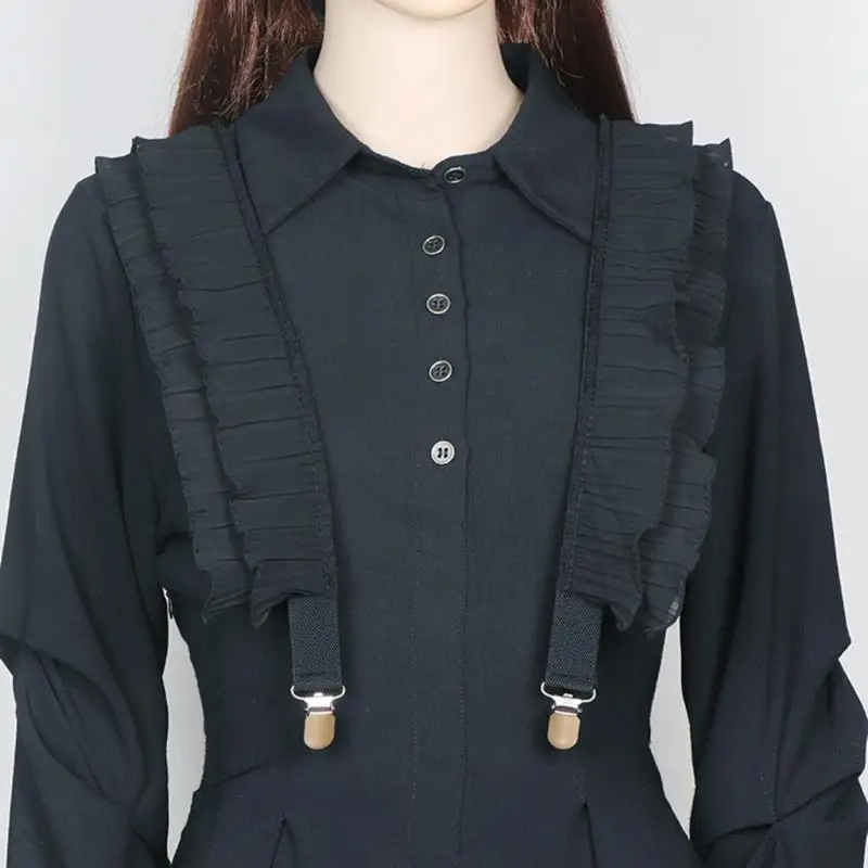 R1WE حمالات سلسلة مطاطية مشبك معدني حزام مكشكش أسود للنساء والرجال إكسسوارات بدلة القميص