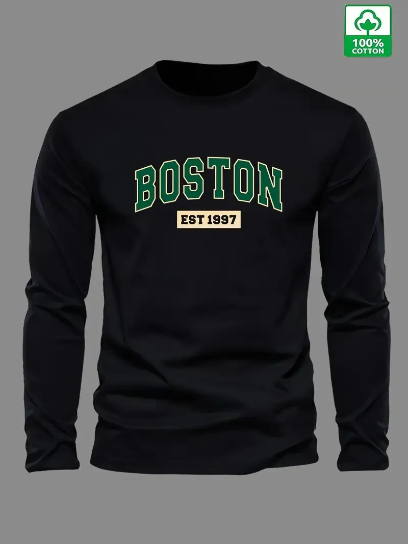 เสื้อยืดคอกลมแขนยาวผู้ชายผ้าฝ้าย 100% พิมพ์ลายตัวอักษร BOSTON EST 1997 สไตล์ลำลองอเนกประสงค์สำหรับฤดูใบไม้ร่วงและฤดูหนาว