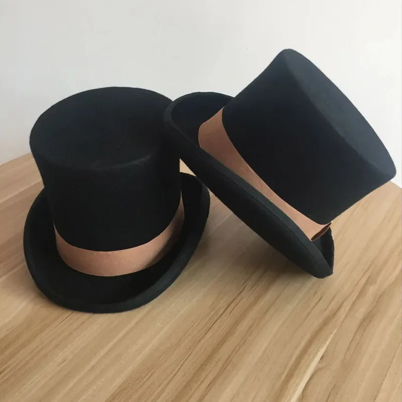 Black 7inch and 4.5inch Top Hat with brown grosgrain Wool Fedoras Gentleman Steampunk Groom Wedding High flet Hat Pot Topper
