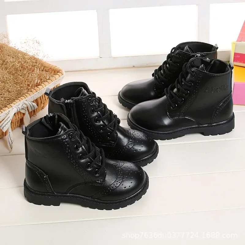 Botas para niños, botas de marea para niñas, botines clásicos de cuero negro para niños, talla 21-37, botas de marea cruzadas para niños, otoño