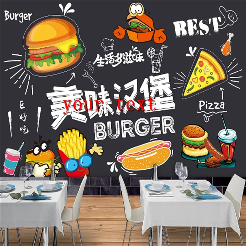 

Custom Burgers pizza Wall Paper 3D Snack Bar Hamburger Western Fast Food Hot Dog Restaurant Background Wall Mural Wallpaper 3D