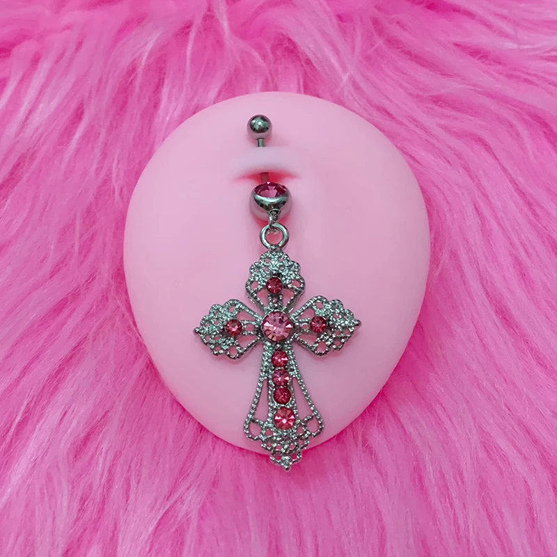 Y2K Body Accessory Bling Crystal Pink Cross Belly Rings Punk Aesthetic Body Piercing Belly Piercing Jewelry Egirl Korean Fashion