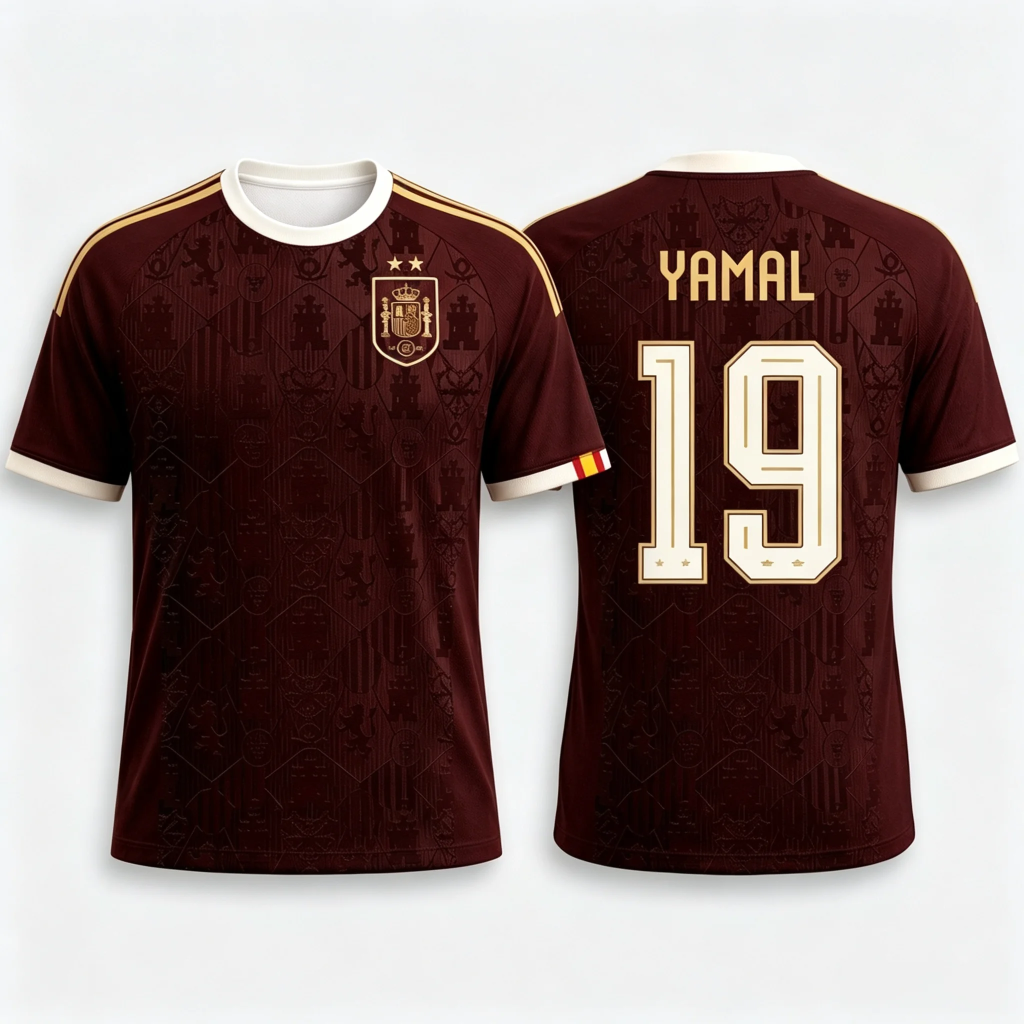 Adult Spain Soccer Jersey 2026 Crest Fan Football Shirt Number 19 Burgundy Dark Pattern Gold Shoulder Trim Supporter Uniform