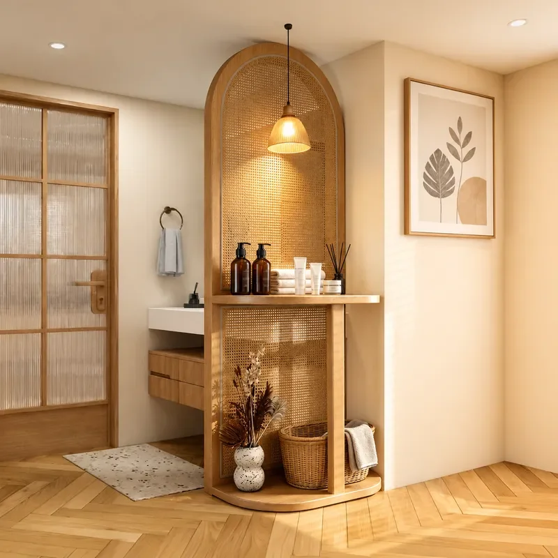 Bathroom Half Wall Partition Cabinet Solid Wood Screen Rack Japanese Rattan Storage Shelf Log Baffle Organizer for Home Decor