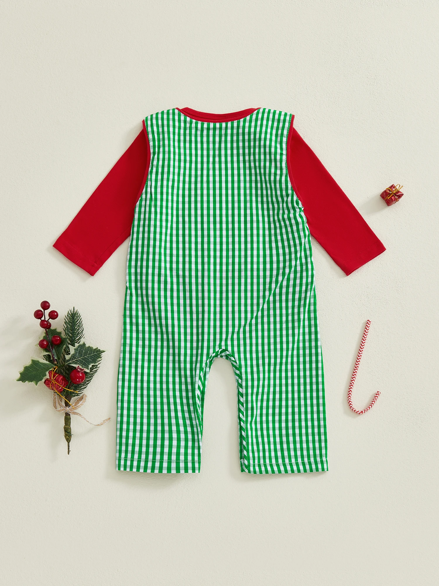 Costume natalizio unisex per bambini, pagliaccetto scozzese rosso e tuta ricamata con Babbo Natale, completo da 2 pezzi per neonati e ragazze