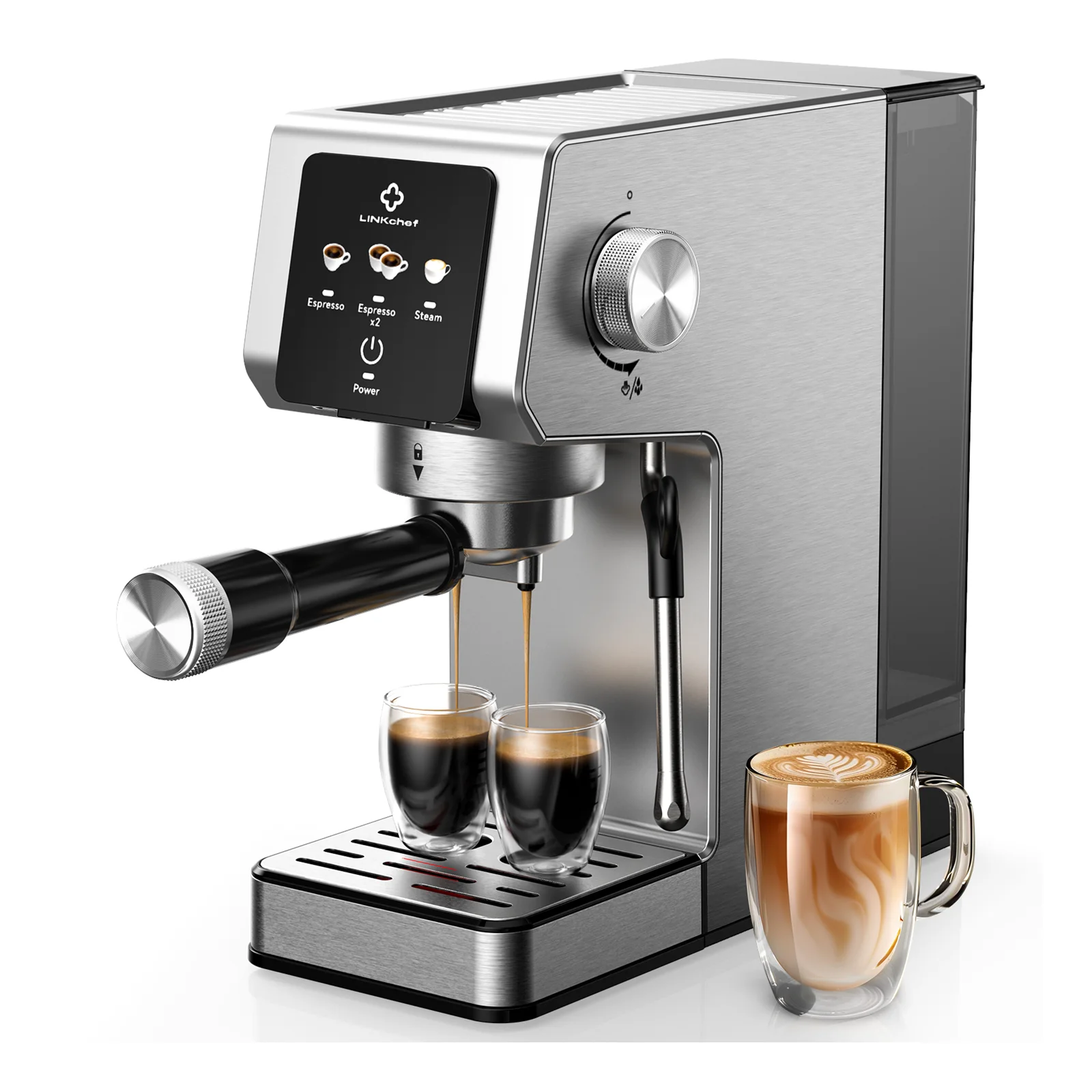 LINKChef 20 Bar Automatische Espressomaschine mit Temperaturregelung, Kalt- und Heißkaffeebereiter aus Edelstahl, Schnelle Kaltbrühfunktion mit 40oz Wassertank, 2-in-1 Siebträger, Milchaufschäumer &