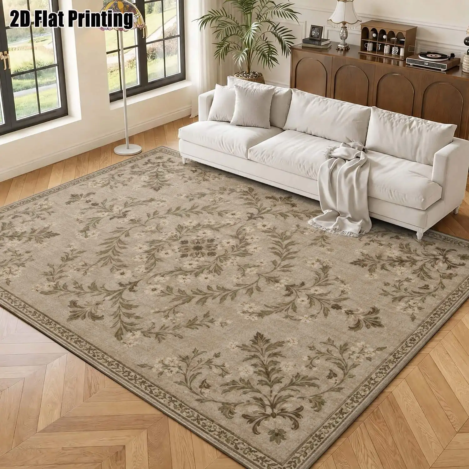 1Pc 2D Printed 1Pc Beige Floral Vine Carpet, European/Vintage/Geometric/Bohemian Styles Machine Washable, Multi-Size, Ideal for Home Decor, Entrance/Dining Room/Foyer/Living Room/Bedroom Mats.