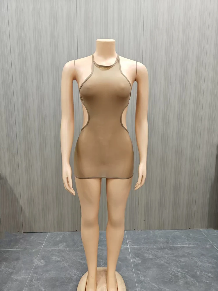Sexy Neckholder-Minikleid aus Mesh für Damen, seitlich ausgeschnitten, durchsichtig, figurbetont, dehnbar, kurzes Kleid für Nachtclubs, Partys und Ausgehzwecke. – Detail 13