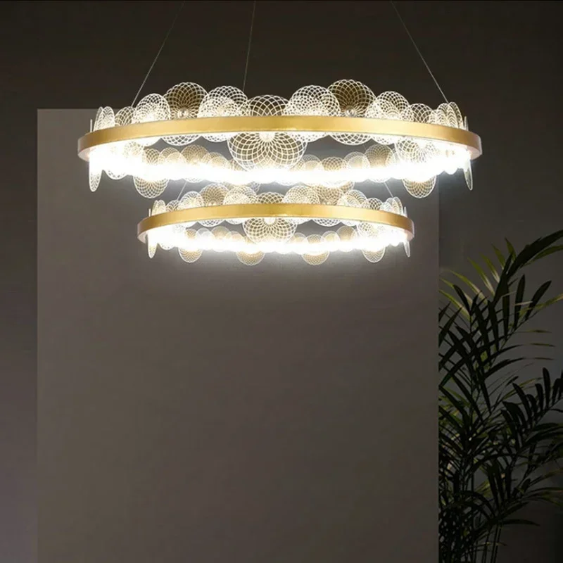 Modern Simple Gold Paint Metal 60cm 80cm Ring Chandelier PV LED Dimmable Living Room Bedroom Decorative Warm Lighting Fixture