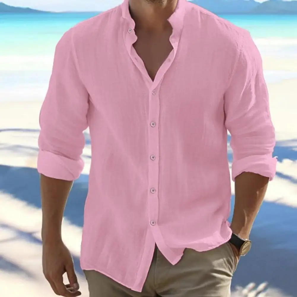 Linen Hot Sale Men's Long-Sleeved Shirts Summer Solid Color Turn-down Collar Casual Beach Cardigan Loose Office Business Top