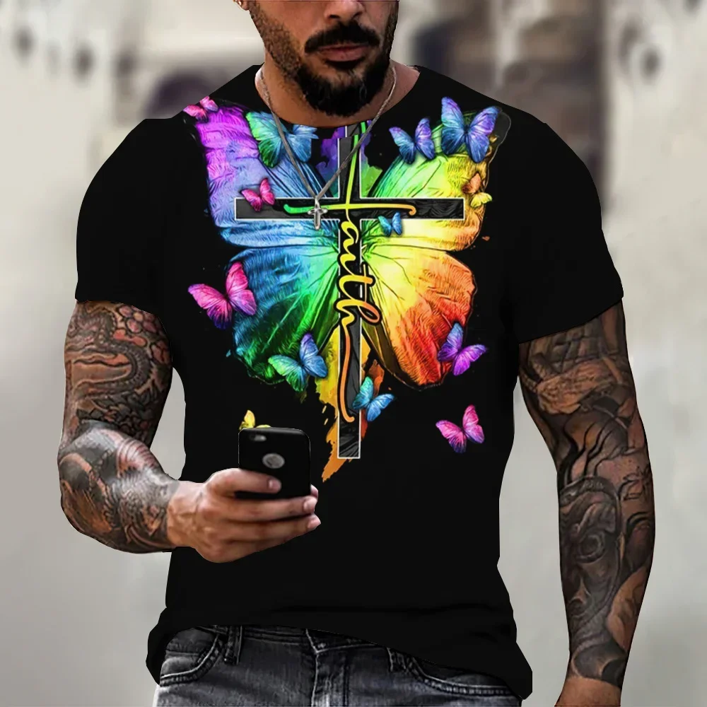 Christian Mens Clothing T Shirts Oversized T Shirt Gothic  Jesus Christ Cross 3D Print O-neck Tops Vintage Hip Hop Short Sleeve