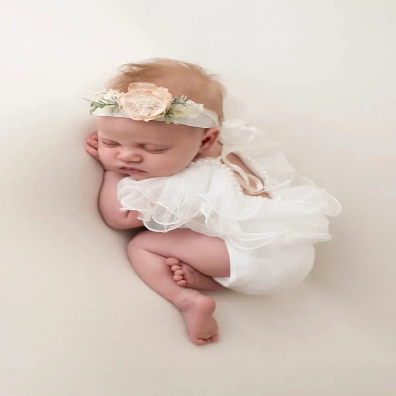 

Photography Props Female Baby White Ruffle Pearl Decorative One-piece Khaki for Taking Photos New Born