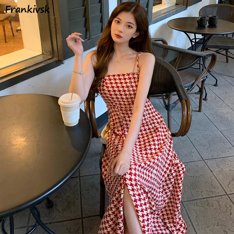 

Houndstooth Dresses Women Slim Summer Retro Slit-design Japanese Style Streetwear Holiday Stylish Aesthetic Youthful Vitality