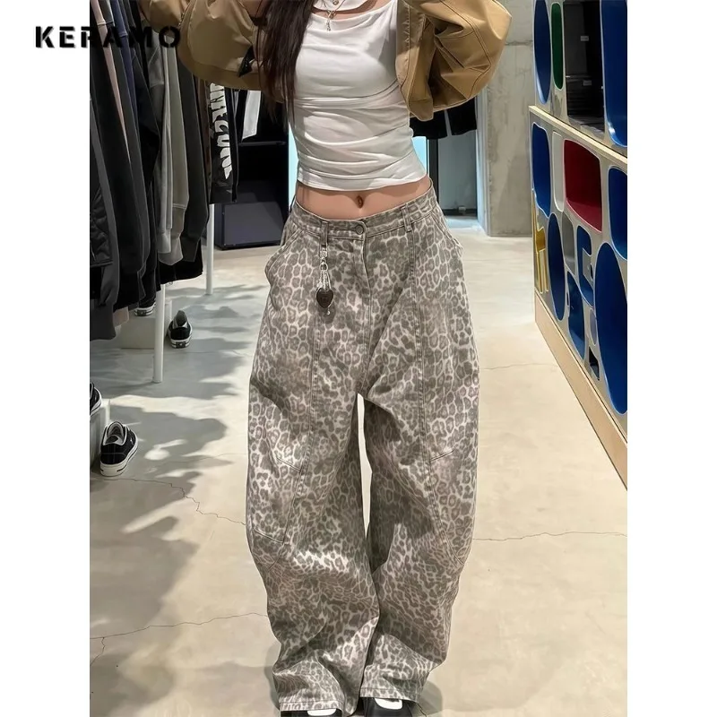 

American Vintage Leopard Print Eclectic Waif Jeans Y2K Harajuku Pockets Denim Trouser For Women Grunge Casual Streetwear Pants