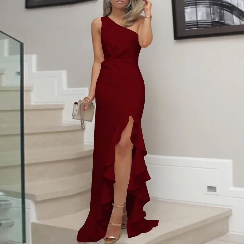 Elegant Women Corset Ruffle Party Dress Sexy Folds Sleeveless One Shoulder Gala Birthday Evening Floor Length Dress Prom Gown