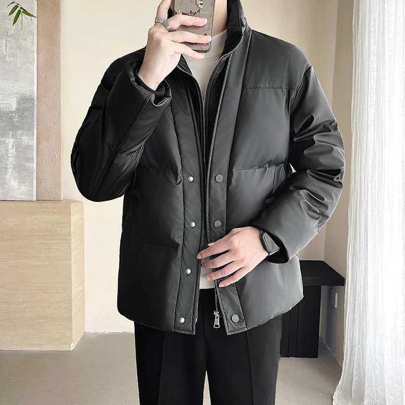 Winter New Men's Fashion PU Leather Fake Two piece Leather Cotton Coat with Thickened Cotton for Warmth, Trendy Cotton Jacket