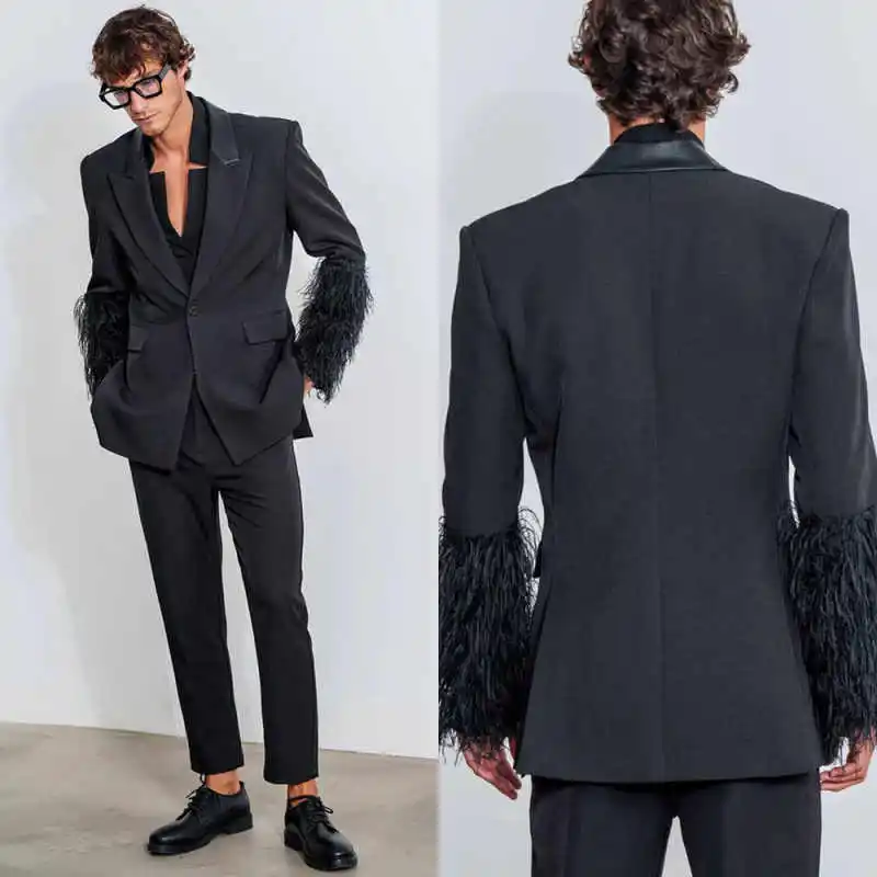 

Fashion Feather Men Suit 2 Pieces Blazer Pant Peak Lapel One Button Special Occasion Party Prom Banquet Street Customized