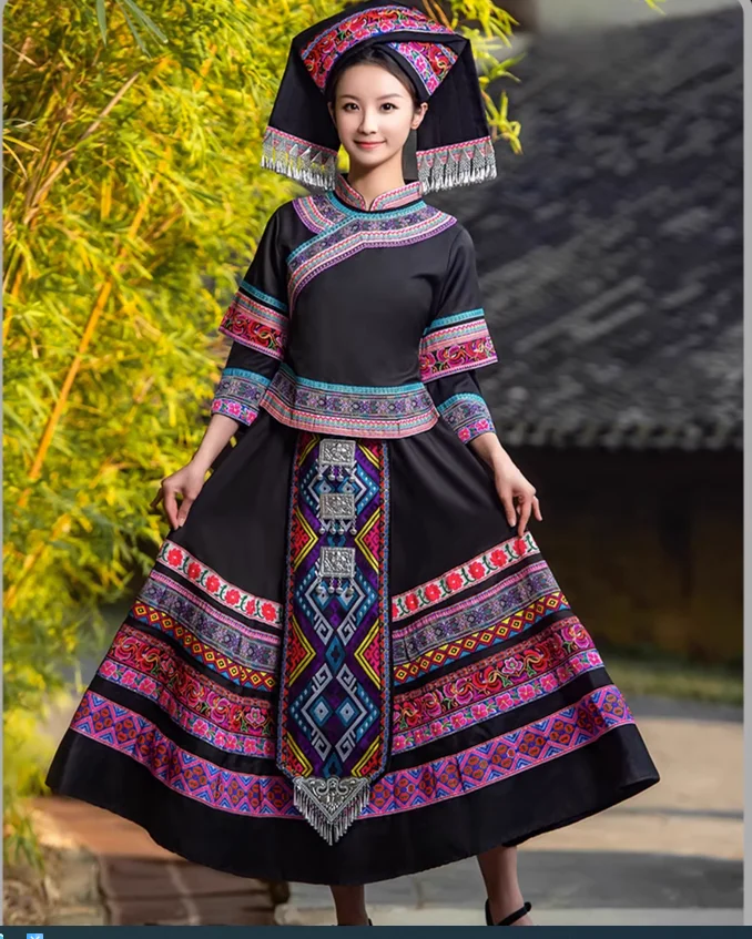 

Chinese Folk Costume Female Black Miao Tujia people Yao Dance Performance Clothing