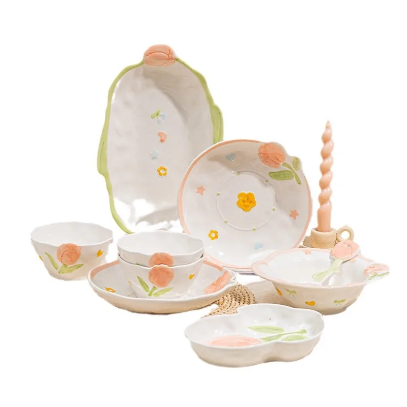 

Plates Set Household Underglaze Ceramic Dishes and Plates Embossed Tulips House Moving