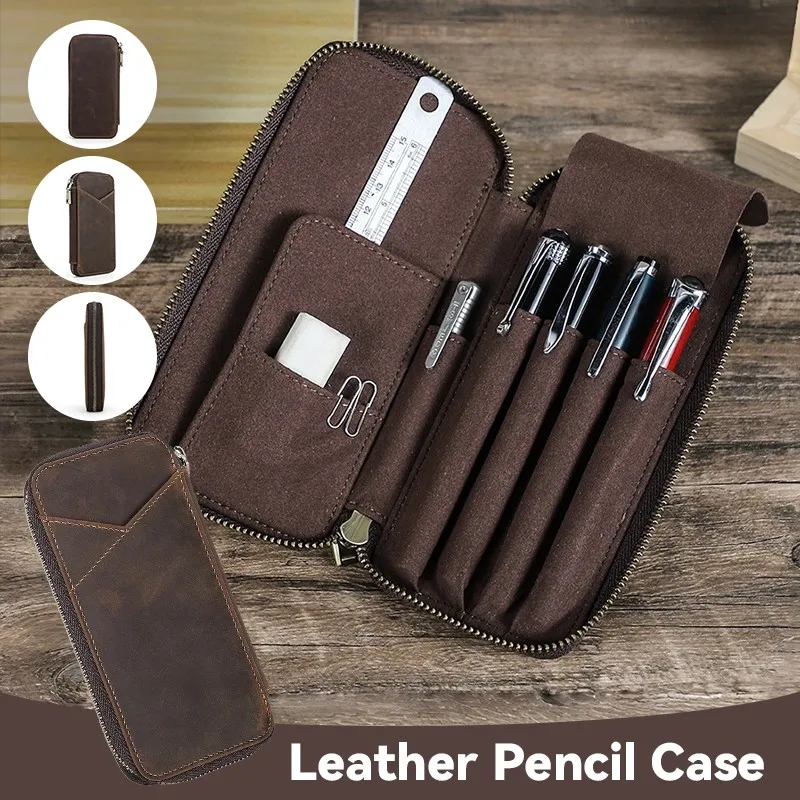 

4 Slots Genuine Leather Pencil Case Fountain Pen Bag Handmade Multifunctional Zipper Pen Case Stationery Pencil Storage Pouch