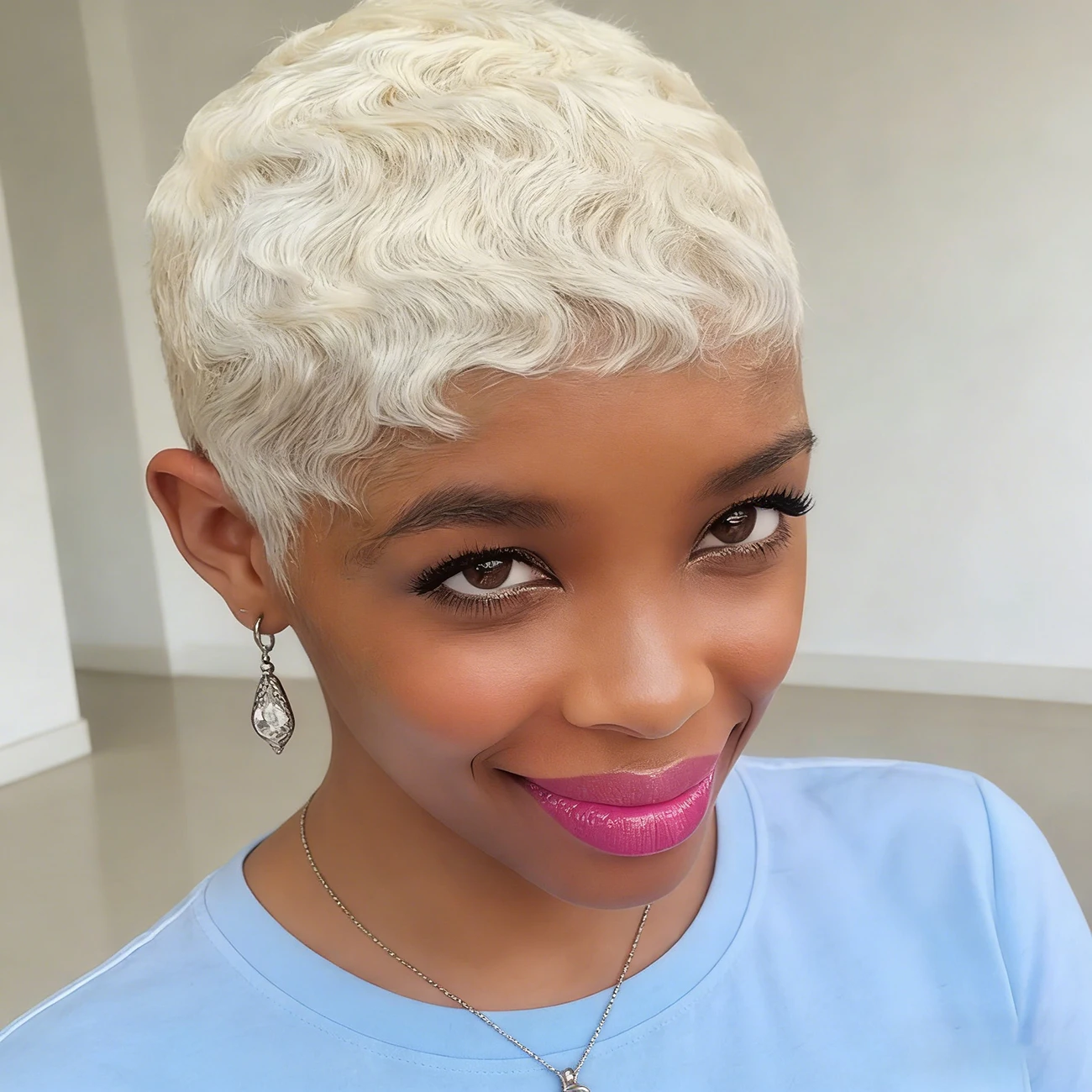 

Короткая стрижка пикси, белая, 60 см # Новый комфортный парик из натуральных волос для женщин, полностью машинной работы