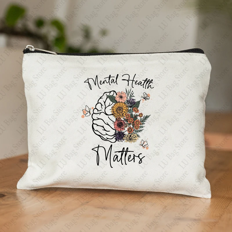 Mental Health Matters Pattern Cosmetic Pouch Inspirational Aesthetic Gifts Bag Psychologist Therapist Gift Floral Canvas Bag